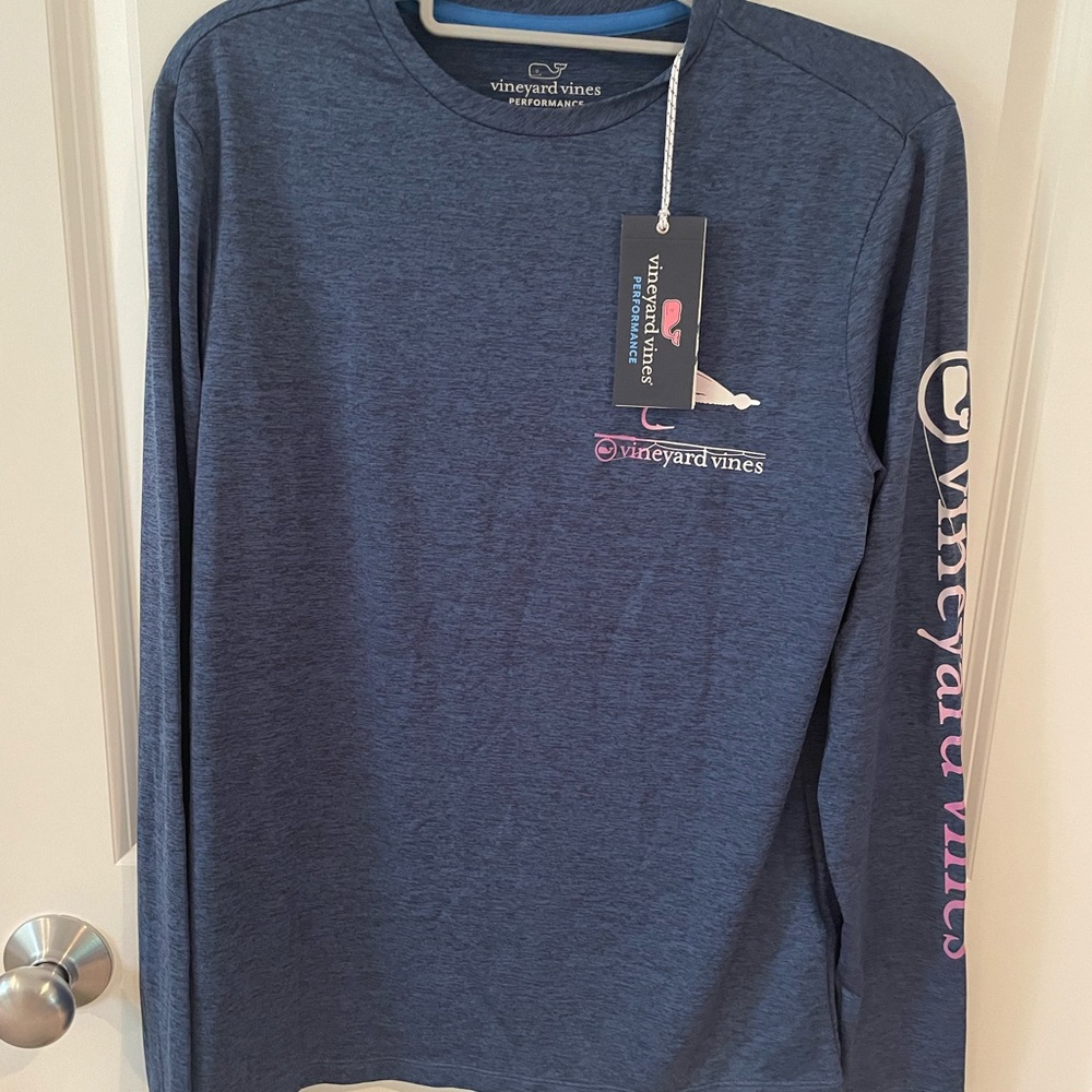 Vineyard Vines Performance Blue Long Sleeve Tee with Sleeve Graphic